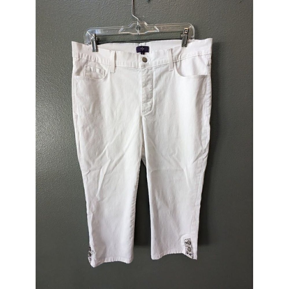 NYDJ Crop White High Rise Denim Jeans Button Embroidered Hem Women's 14